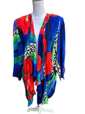 Vintage Yolanda Lorente Hand Painted Silk Vibrant Print Open Front Cover Up